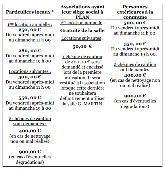 tarif weekend  salle des fêtes plan